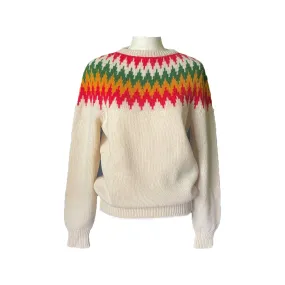 Vintage Tan Fair Isle Sweater with Rainbow Chevron Design by United Colors of Benetton Circa 1980s.