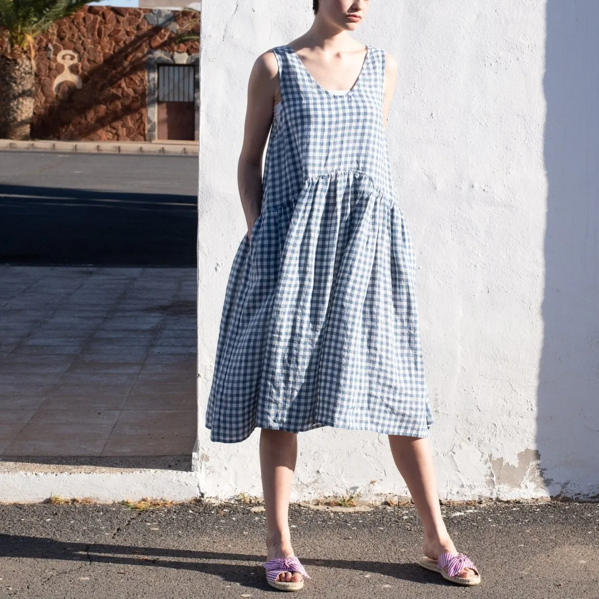 VOLUME light weight blue gingham linen dress