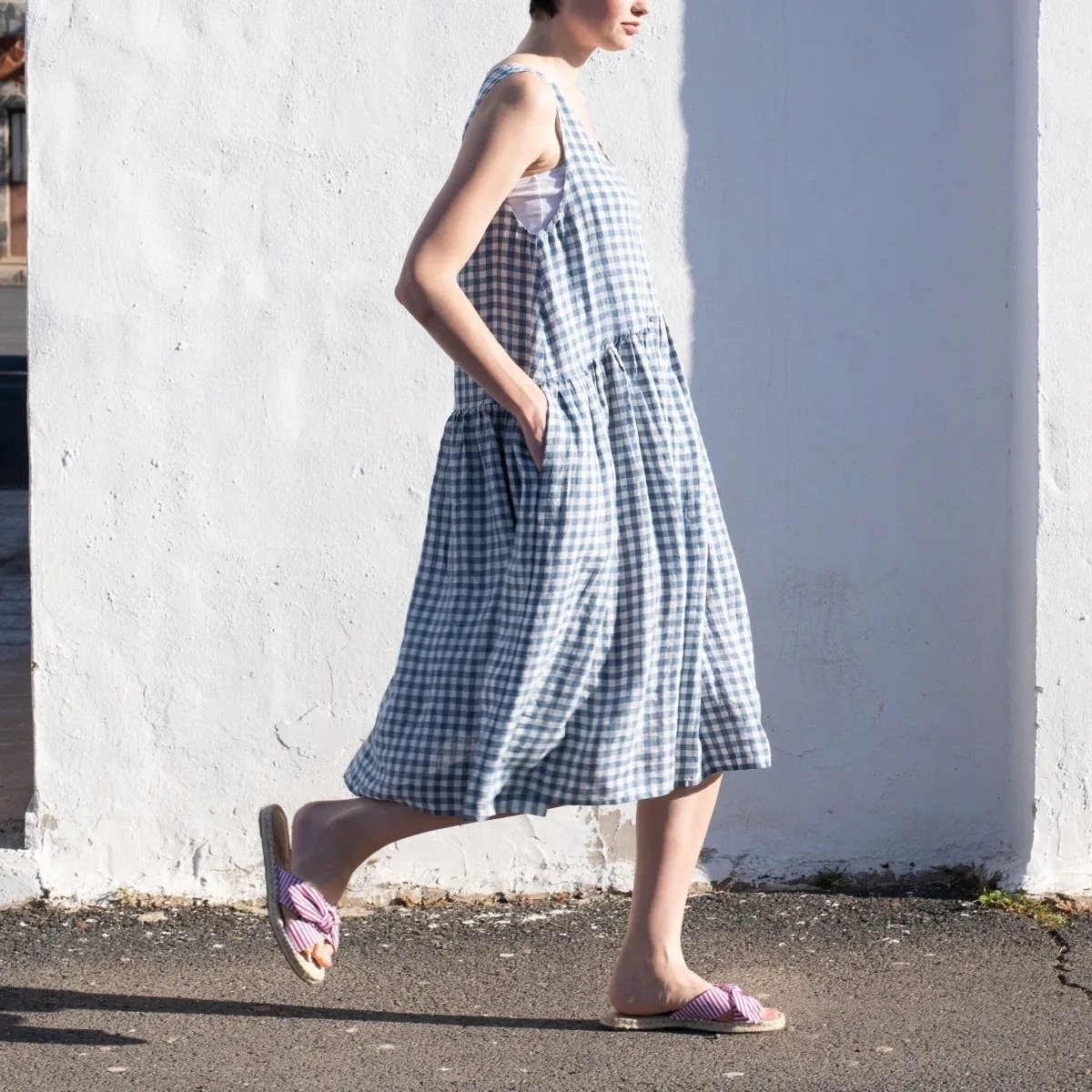 VOLUME light weight blue gingham linen dress