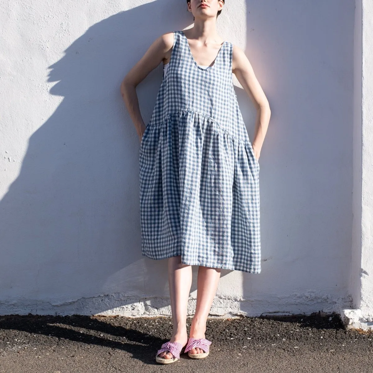 VOLUME light weight blue gingham linen dress
