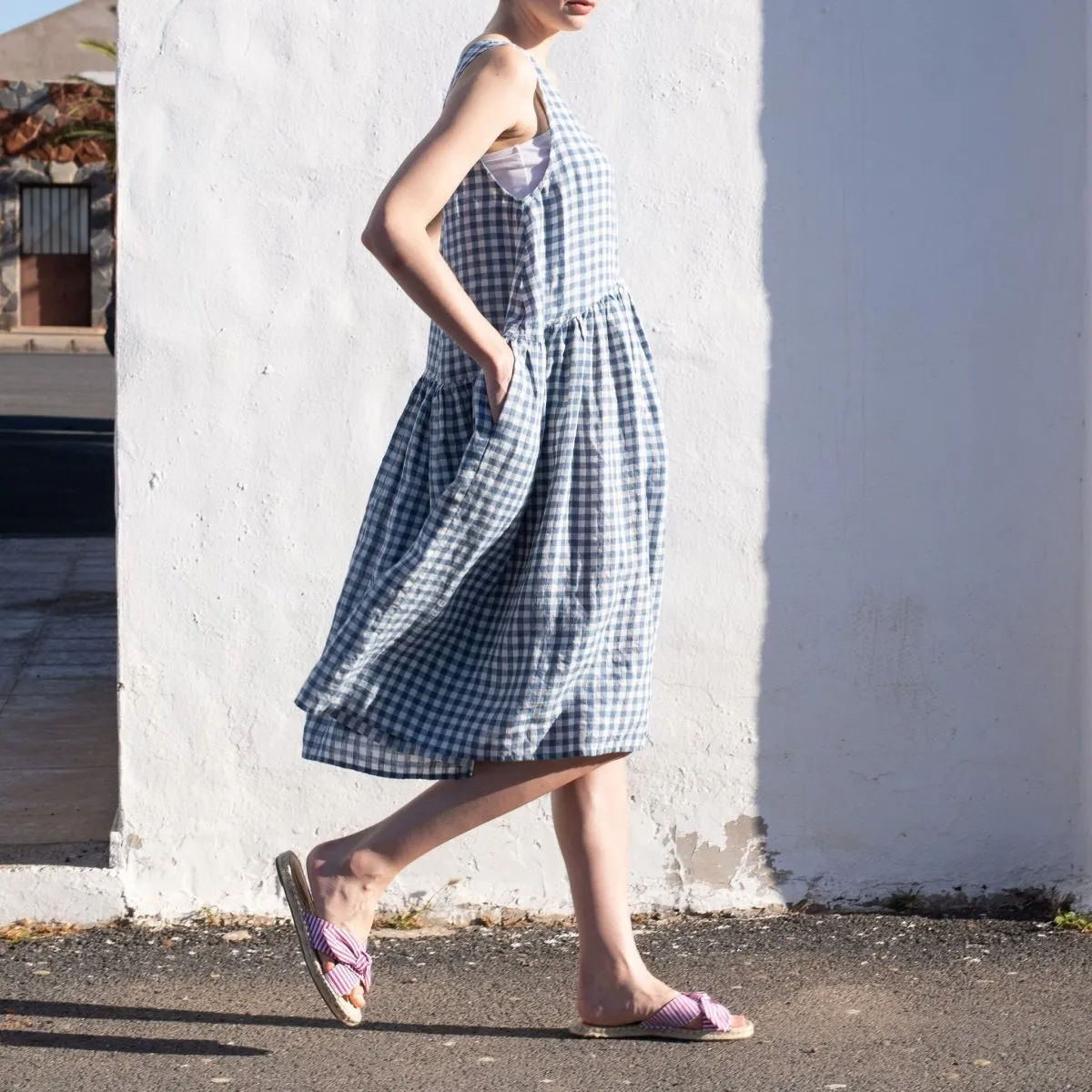 VOLUME light weight blue gingham linen dress