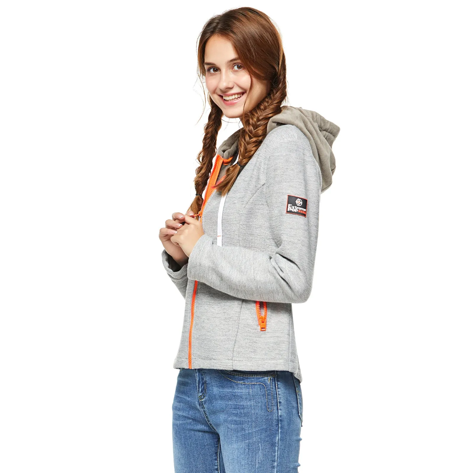 Women's Knit Bond Fur Hoodie Sweatshirt Ladies Hooded Zip-Up Jacket