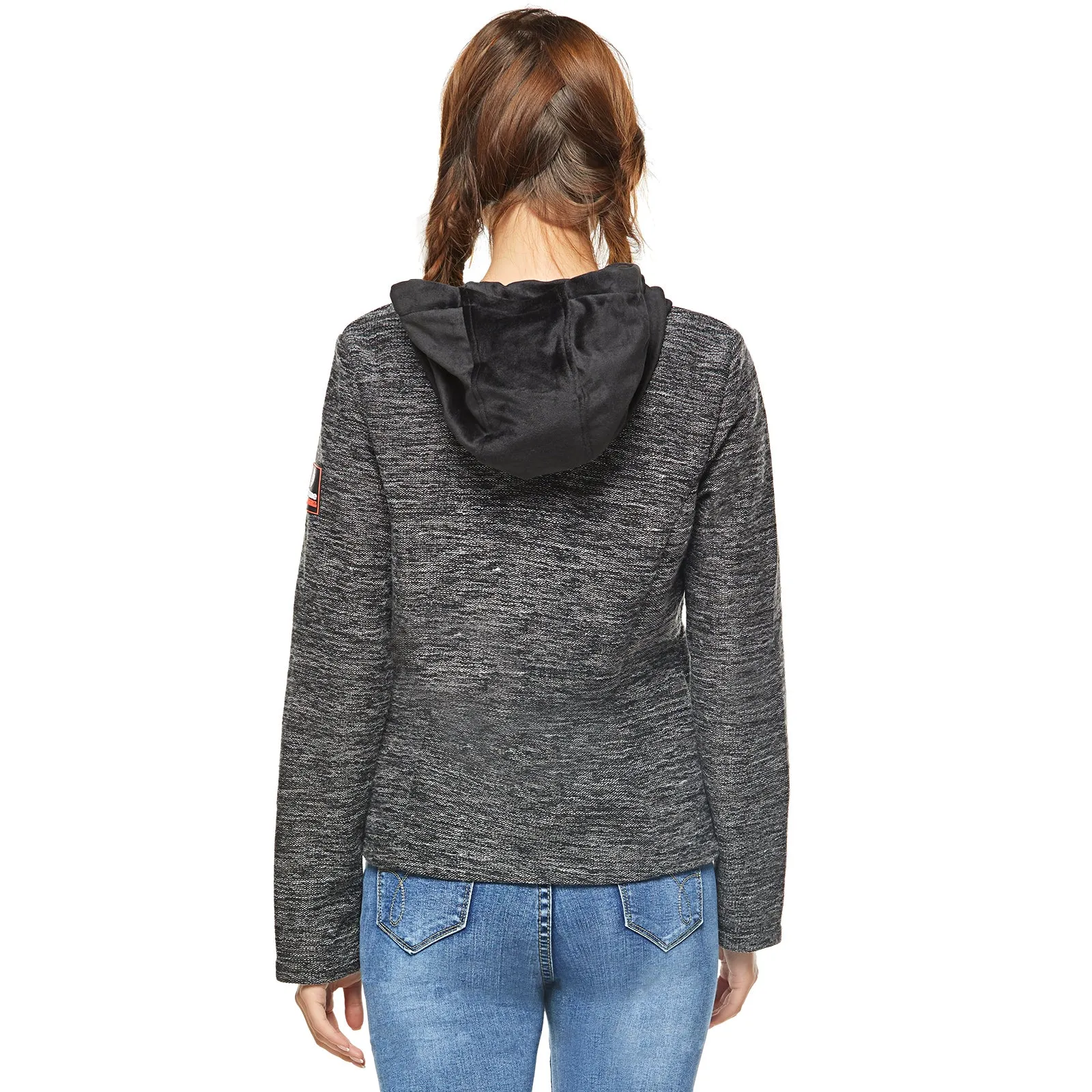 Women's Knit Bond Fur Hoodie Sweatshirt Ladies Hooded Zip-Up Jacket