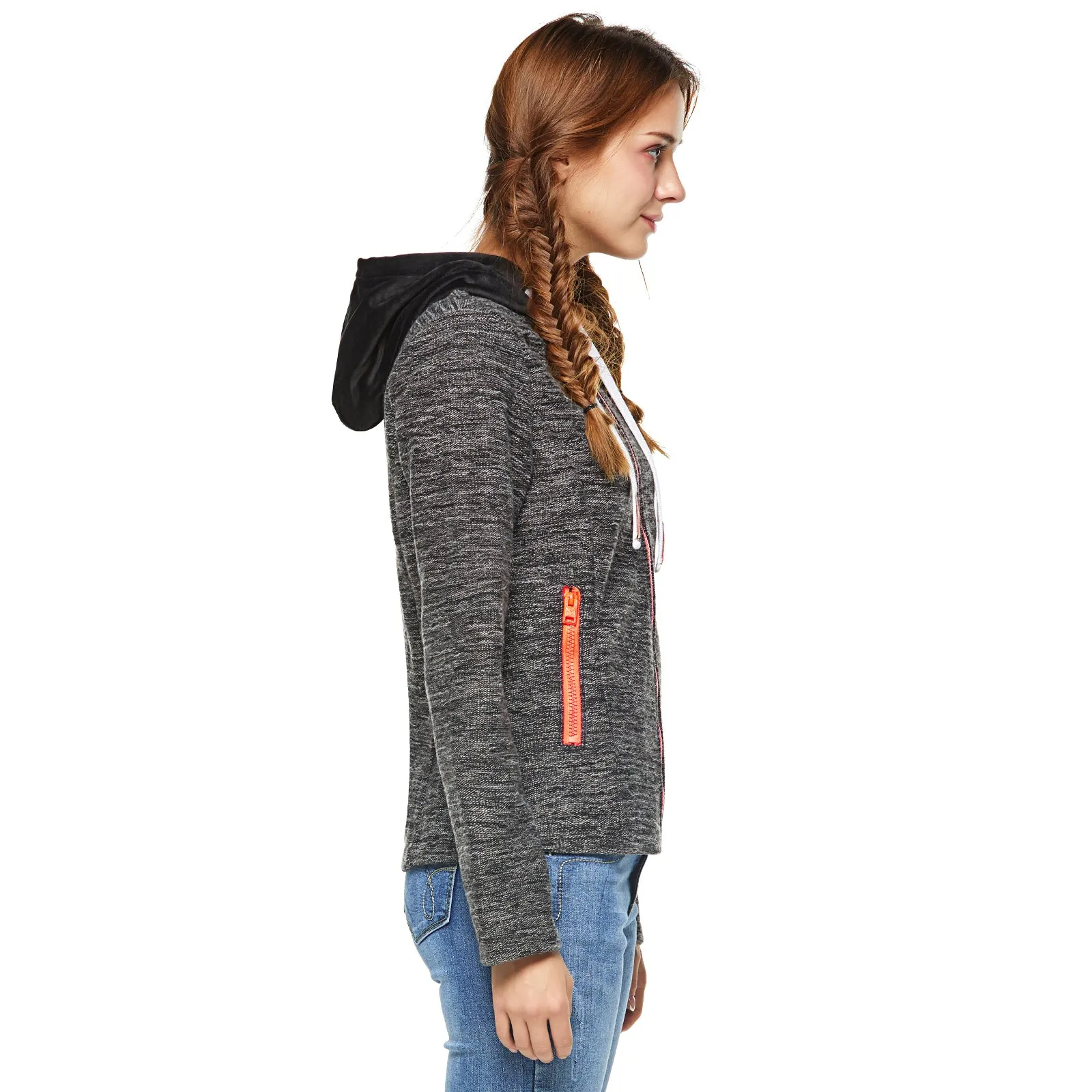Women's Knit Bond Fur Hoodie Sweatshirt Ladies Hooded Zip-Up Jacket