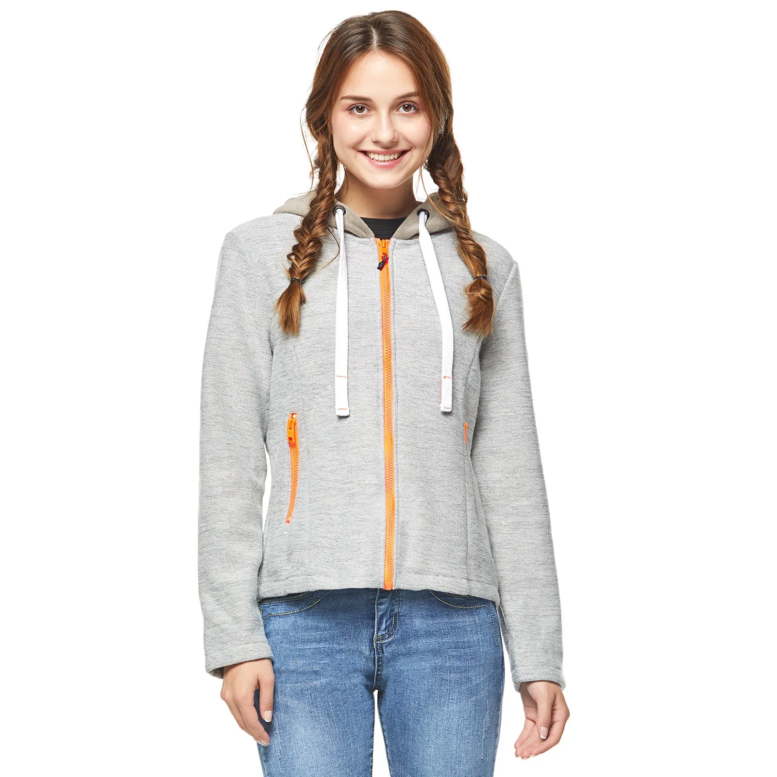 Women's Knit Bond Fur Hoodie Sweatshirt Ladies Hooded Zip-Up Jacket